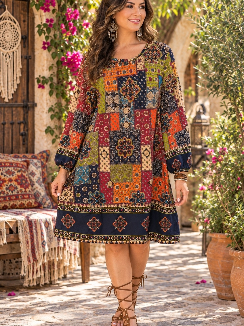 Shein Curve Boho Patchwork Print Women’s Dress - Multi